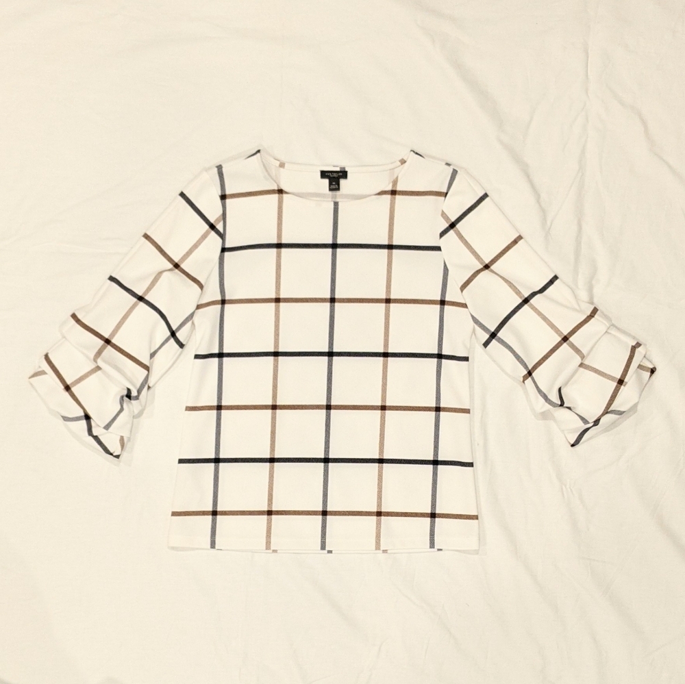 Ann Taylor White Top with Black/Brown Window Pane Pattern, XS